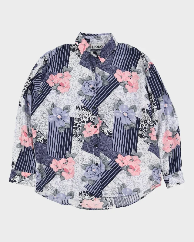 Blue And Pink Patterned Blouse - L Business Casual Blouse