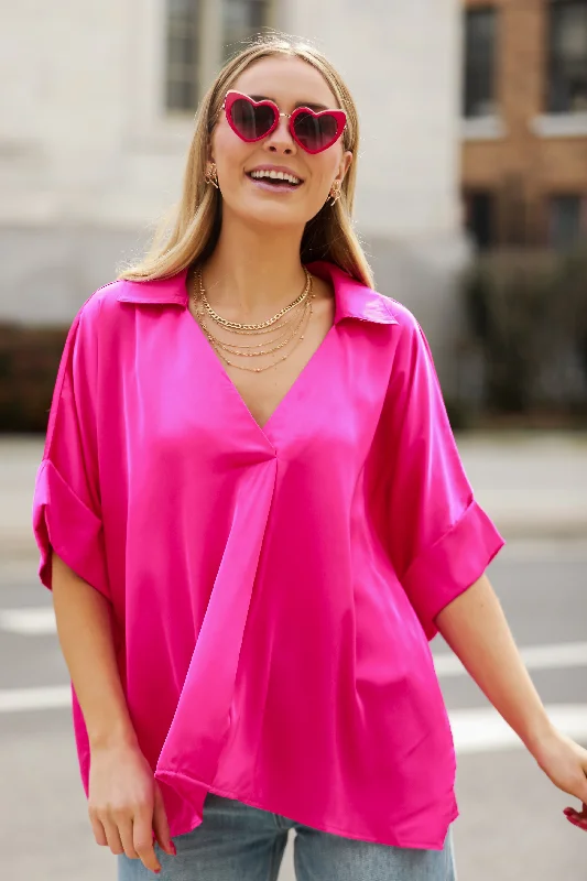 FINAL SALE - Captivating Presence Hot Pink Satin Blouse Elegant Silk Blouse