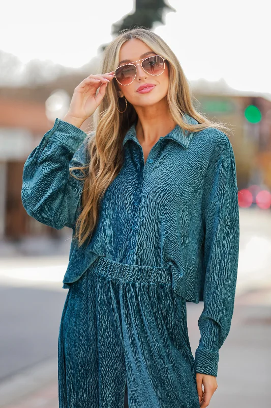 FINAL SALE - Luxurious Dream Teal Velvet Plisse Blouse Puff Sleeve Blouse