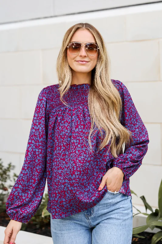 FINAL SALE - Radiantly Cute Burgundy Smocked Floral Blouse Satin Bow Blouse