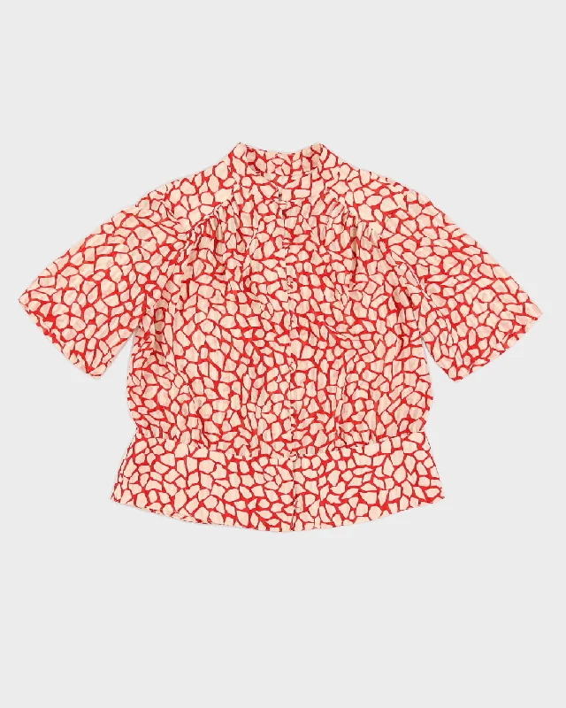 Red And Cream Patterned Short Sleeve Blouse - M Loose Fit Blouse