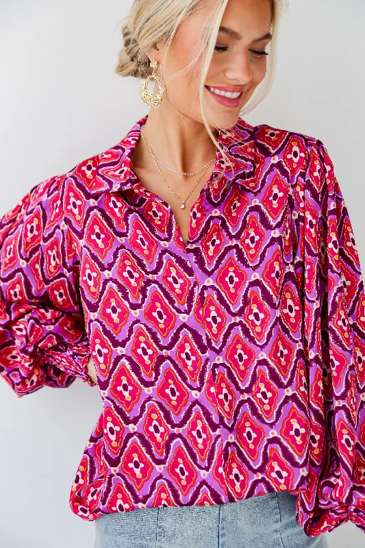 FINAL SALE - Sensational Fate Fuchsia Satin Blouse Bell Sleeve Blouse