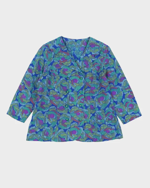 Vintage 1980s Blue Silk Patterned Blouse - S Playful Puff Blouse