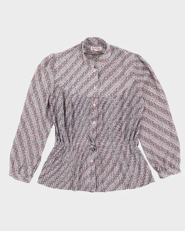 Vintage 1980s Purple Patterned Long Sleeve Blouse - M Feminine Ruffle Blouse