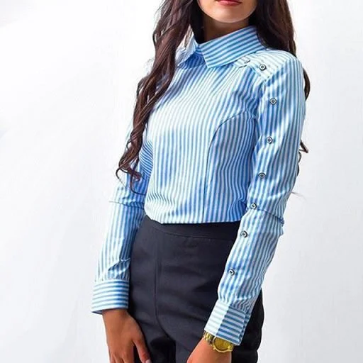 New Fashion Long sleeve Button Casual Women tops and Blouses Sleeve Turn Down Collar Shirt Vintage Tops stripe Peter Pan Collar Blouse