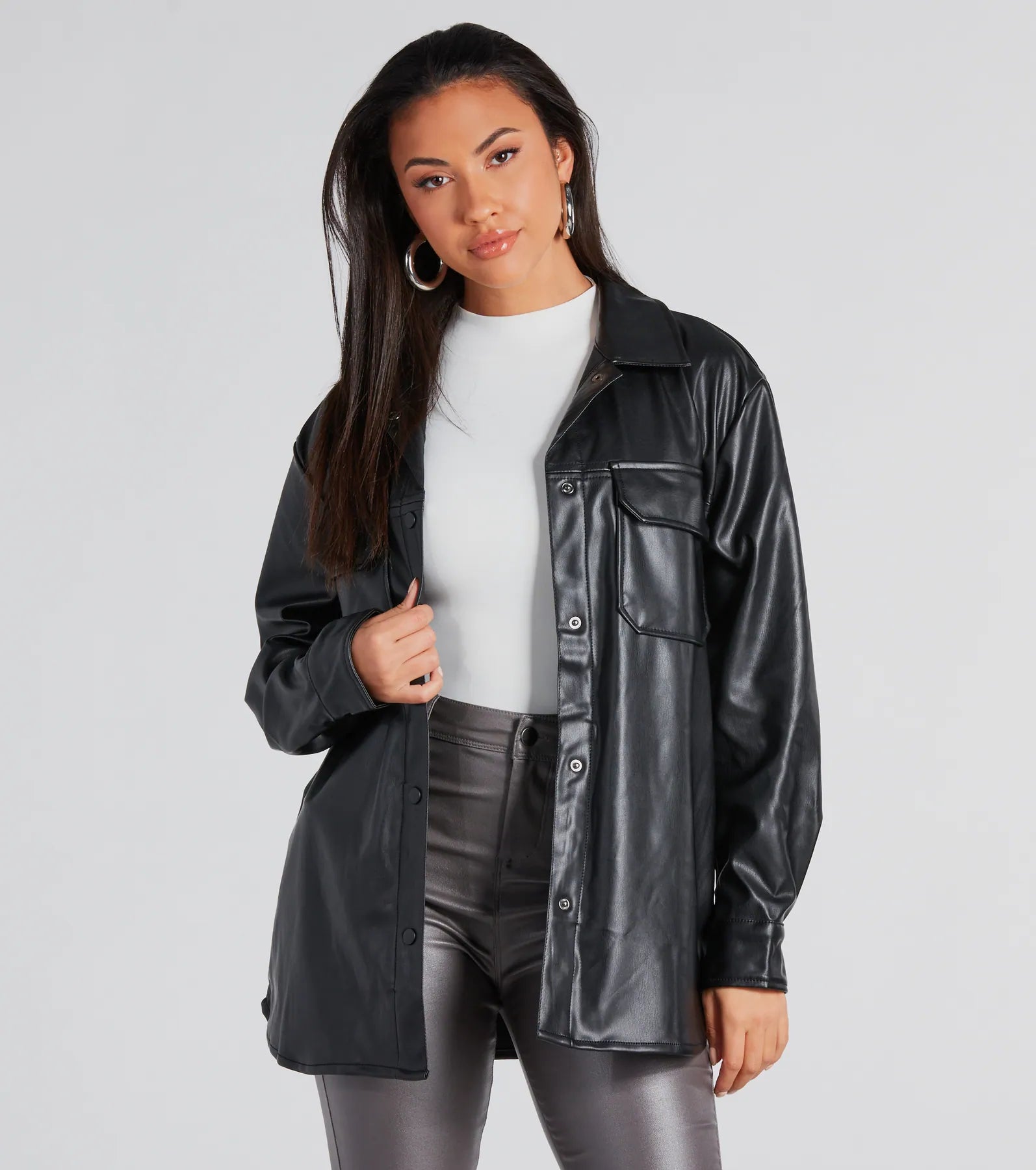 Cool-Girl Moment Long Faux Leather Shacket Textured Cotton Blouse