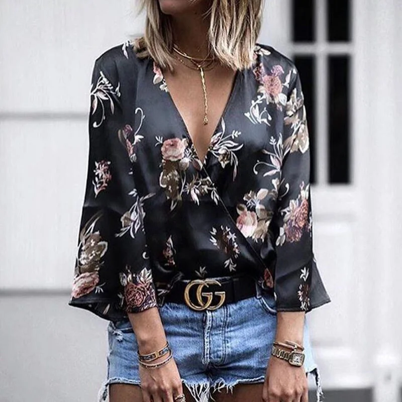 Summer V Neck Casual Shirt Tops Women Clothes Fashion Print Flare Sleeve Womens Tops And Blouses Harajuku Blouse Short Sleeve Blouse