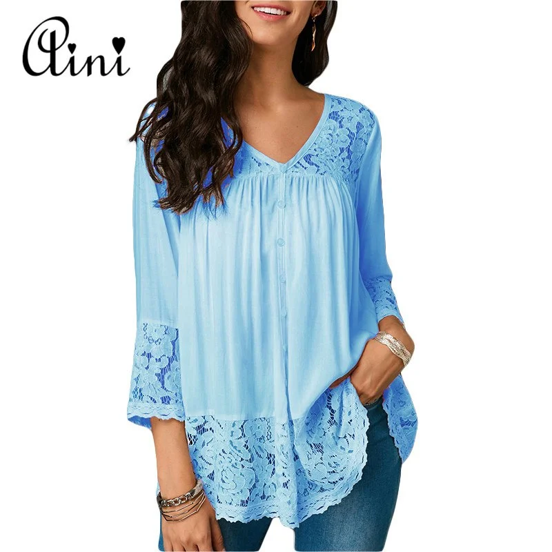 Plus Size 5XL Women Tops and Blouse 2022 Autumn Three Quarter Sleeve Lace Patchwork Solid Blouses Female Casual Loose Shirt Top Delicate Bow Blouse