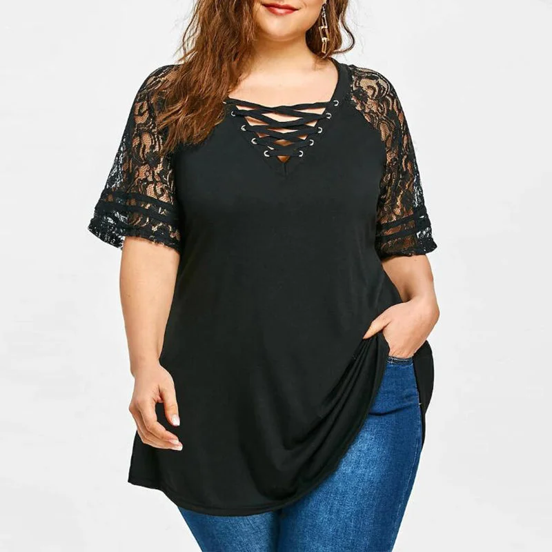 Women Lace Shirt 2022 Summer Sexy V Neck Short Sleeve Casual Loose Blouses Patchwork Bandage Black Tee Tops Plus Size Hollow Out Elegant Office Blouse