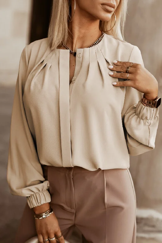 Beige Pleated Blouse Office Formal Blouse