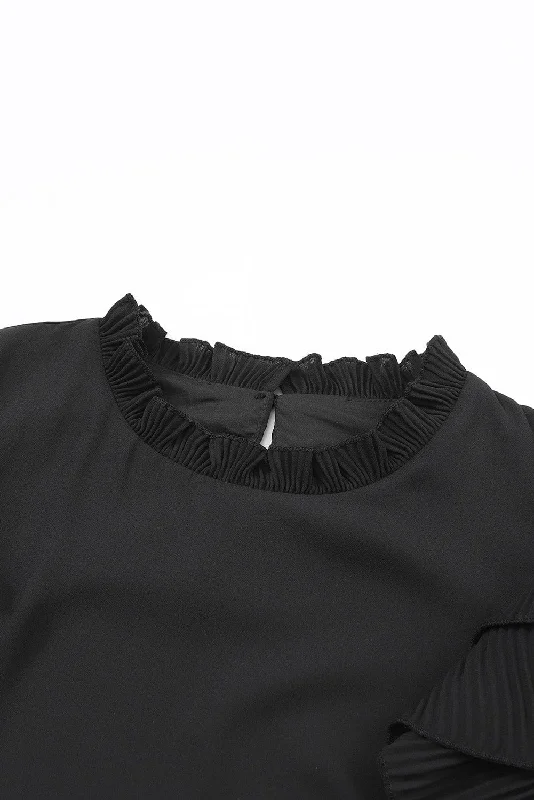 Black Ruffle Sleeve Blouse Casual Relaxed Fit Blouse