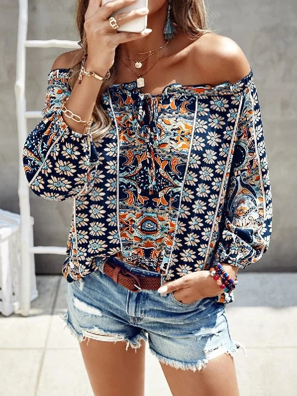 Bohemian Print Blouse Sweetheart Neck Blouse