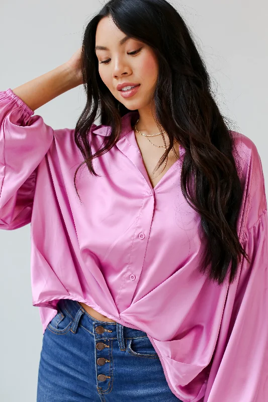 FINAL SALE - Celebrate Style Pink Satin Blouse Embellished Collar Blouse