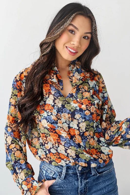 FINAL SALE - Flowering Aesthetic Navy Floral Blouse Floral Print Blouse