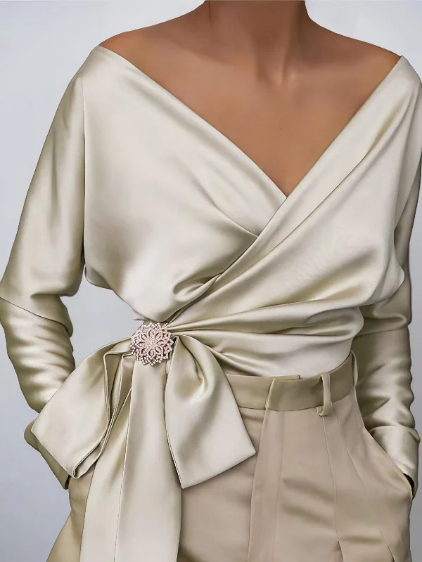 Flowy Satin V-Neck Blouse with Bow Subtle Shimmer Blouse