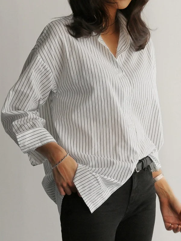 Long Sleeve Striped Blouse Embroidered Floral Blouse