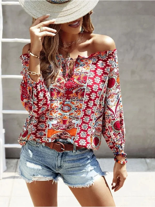 Off-The-Shoulder Floral Print Blouse Elegant Peplum Blouse