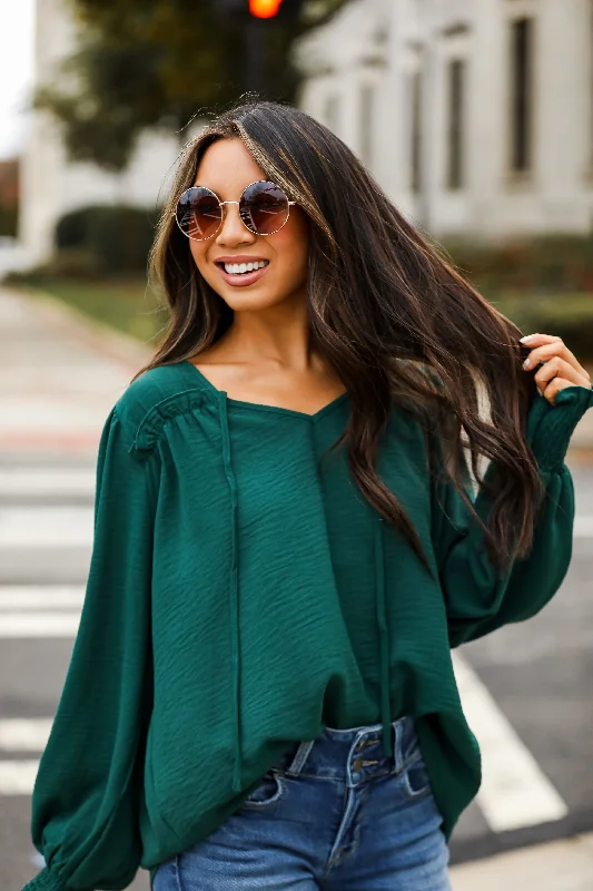 FINAL SALE - Run With It Hunter Green Blouse Casual Relaxed Fit Blouse