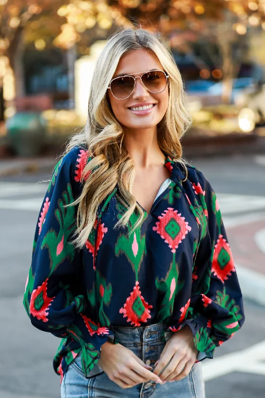 FINAL SALE - Sophisticated Presence Navy Blouse Embroidered Floral Blouse