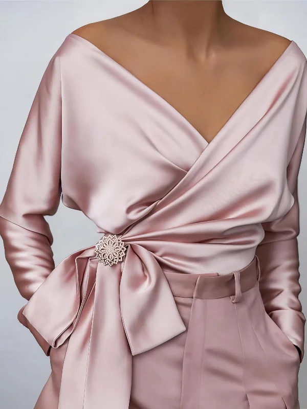 Sophisticated Satin Bow Blouse Versatile Layering Blouse