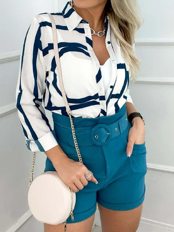 Unique Geometric Print Blouse Collared Satin Blouse