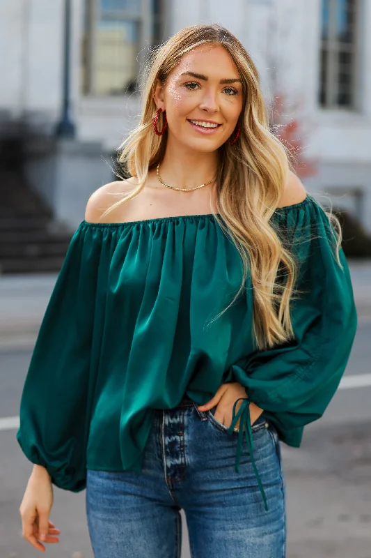 FINAL SALE - Utterly Enchanted Hunter Green Satin Blouse Drape Neck Blouse