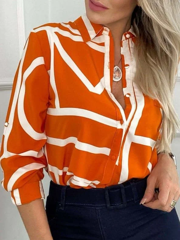 Women's Geometric Print Long Sleeve Blouse Casual Stripe Blouse