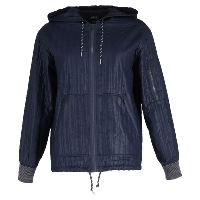 A.P.C. Quilted Zipped Jacket in Navy Blue Polyester Hooded Caped Shawl Collar