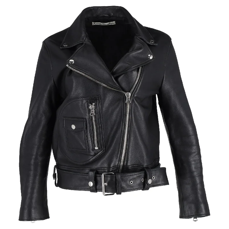 Acne Studios Zip Up Biker Jacket in Black Leather Collared Crew Neck Turtle Neck