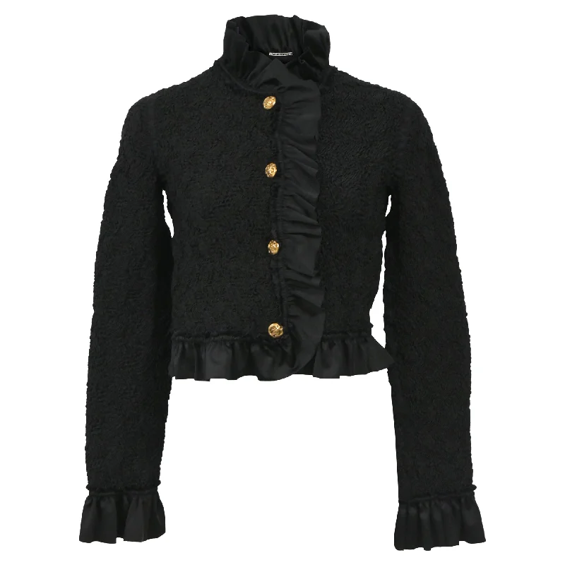 Alexander Wang Cropped Ruffled Stretch-Seersucker Jacket in Black Polyamide Mesh Blend Leather Blend Suede Blend