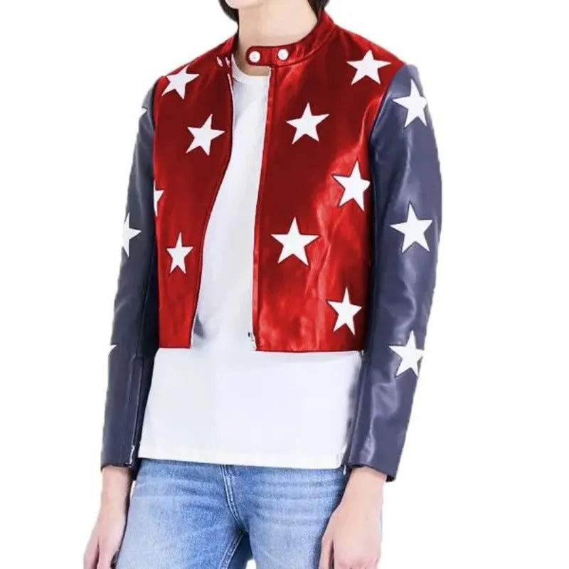 American Flag Cropped Leather Jacket for Women Ribbed T-Shirt High Neck Heavyweight