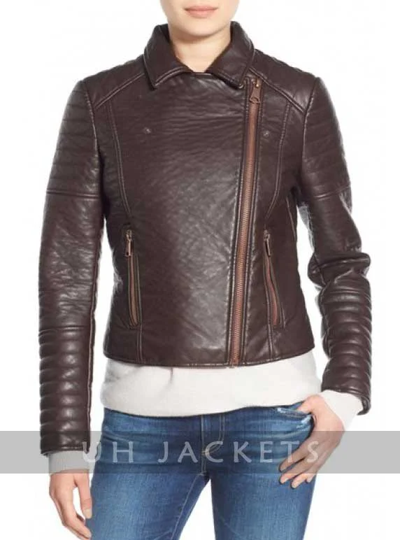 Andrew Marc Moto Leather Jacket with Removable Faux Fur Collar Basic T-Shirt Crew Neck Short Sleeve