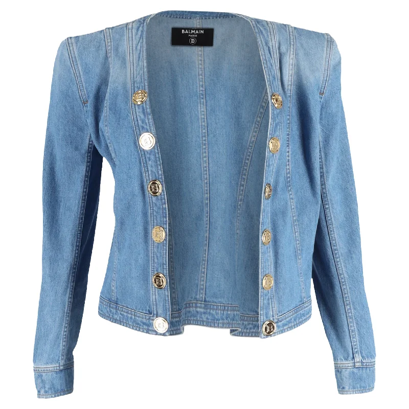 Balmain Button-Embellished Denim Jacket in Light Blue Cotton V-Neck T-Shirt Long Sleeve Cotton