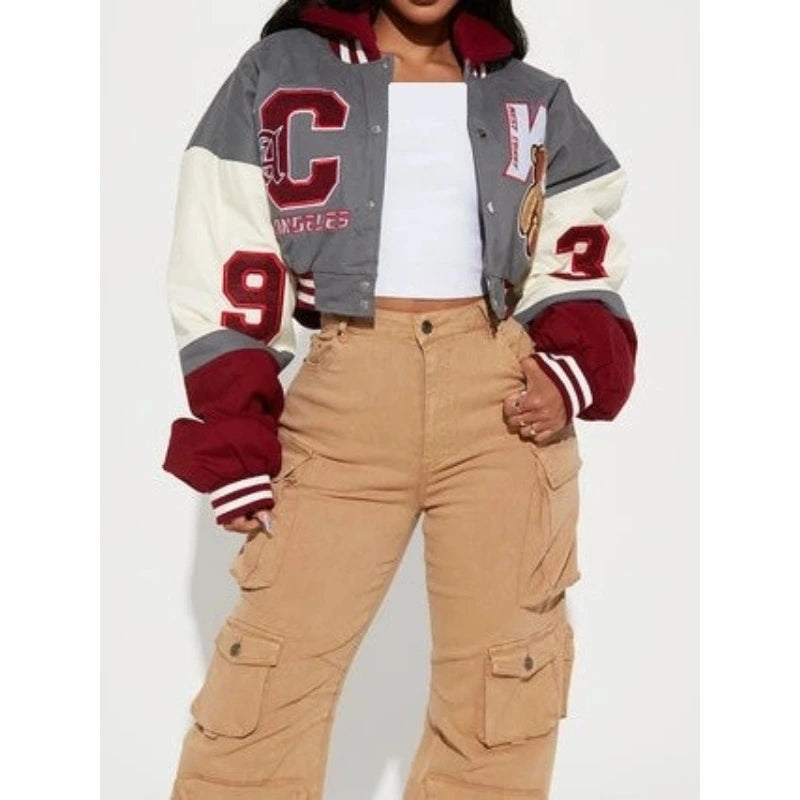 Cali Teddy Bear Cropped Letterman Jacket Lace Blend Ribbed Blend Corduroy Blend