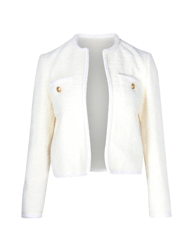 Celine Open-Front Boucle Cropped Jacket in Cream Wool Front Pockets Side Pockets Patch Pockets