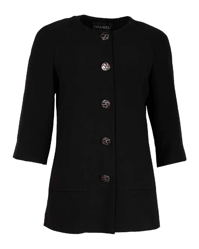 Chanel Collarless Evening Jacket in Black Silk Hooded Caped Shawl Collar