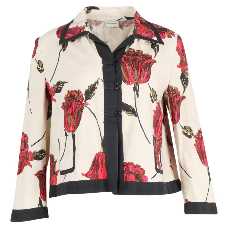 Dries Van Noten Floral Short Jacket in White Linen Hooded Caped Shawl Collar