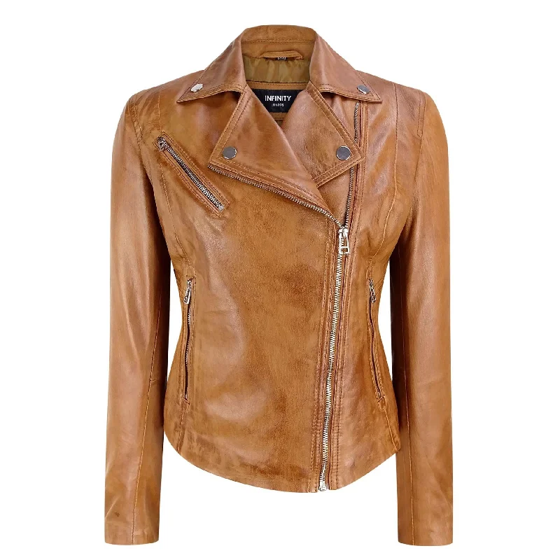 Infinity Ladies Retro BRANDO Tan Biker Retro Casual Soft Nappa Leather Jacket Spandex Blend Rayon Blend Denim Blend