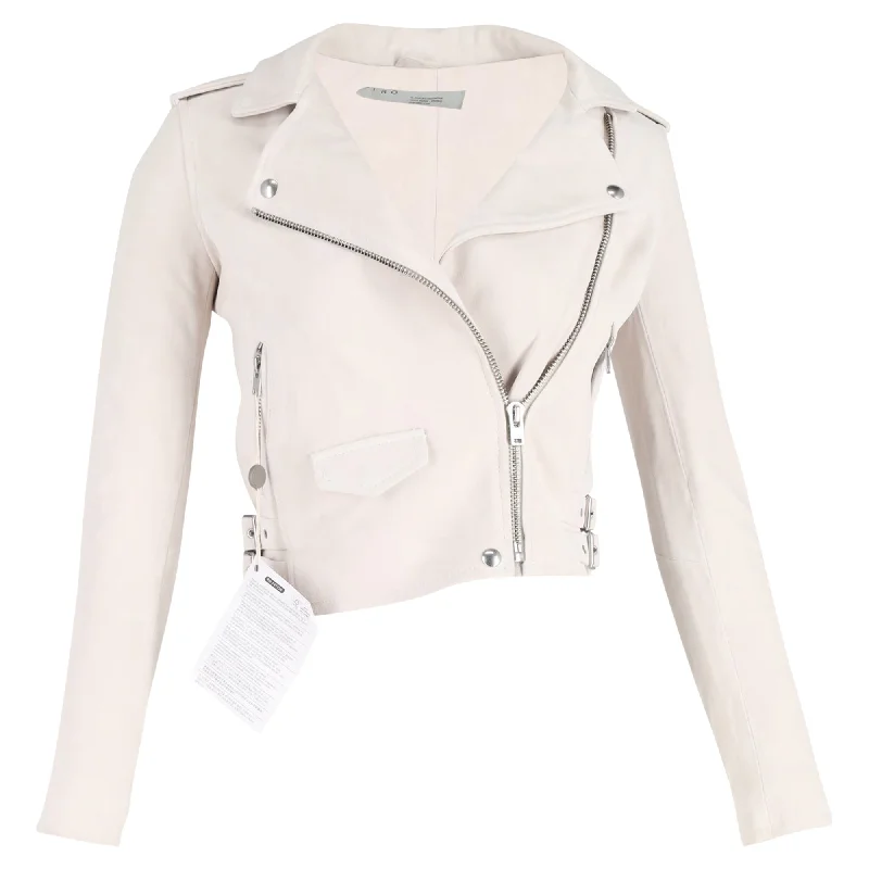 Iro Cropped Biker Jacket in Cream White Lambskin Leather Faux Fur Fabric Real Fur Fabric Shearling Fabric