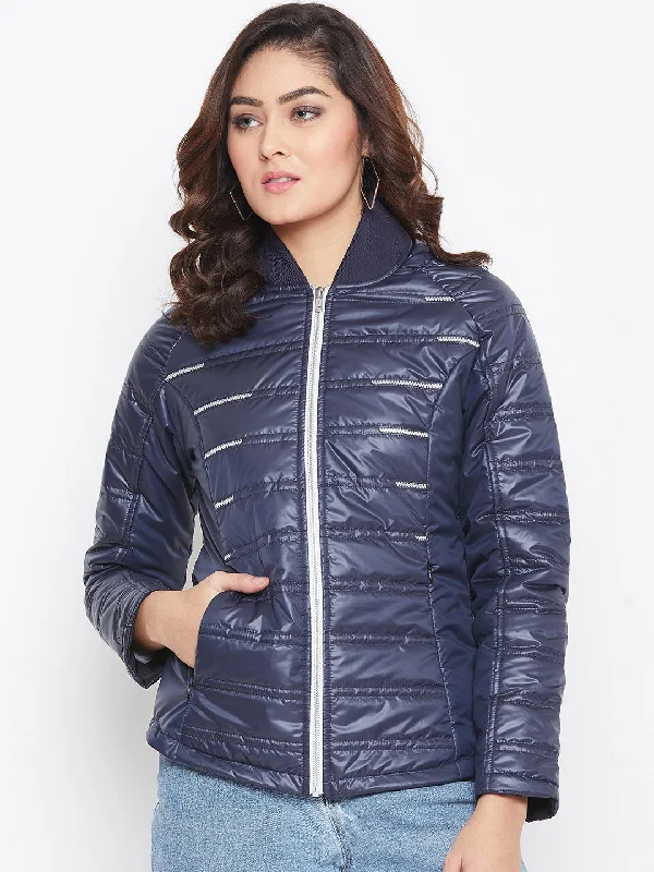 JUMP USA Women Blue Solid Padded Jacket Lace Blend Ribbed Blend Corduroy Blend