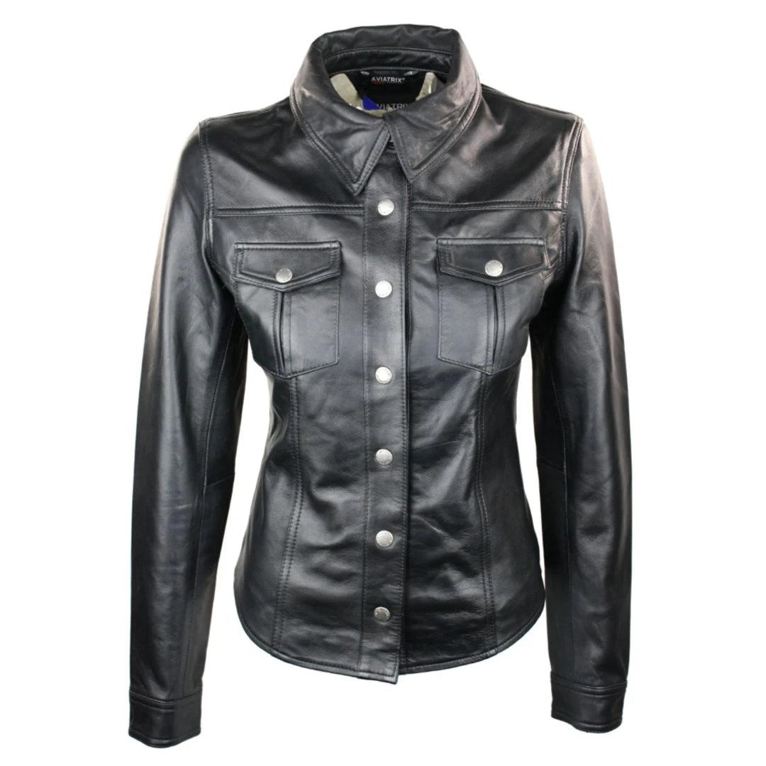 Ladies 100% Leather Jacket Shirt Style Black Short Fitted Retro Notch Collar Peter Pan Collar Cowl Neck