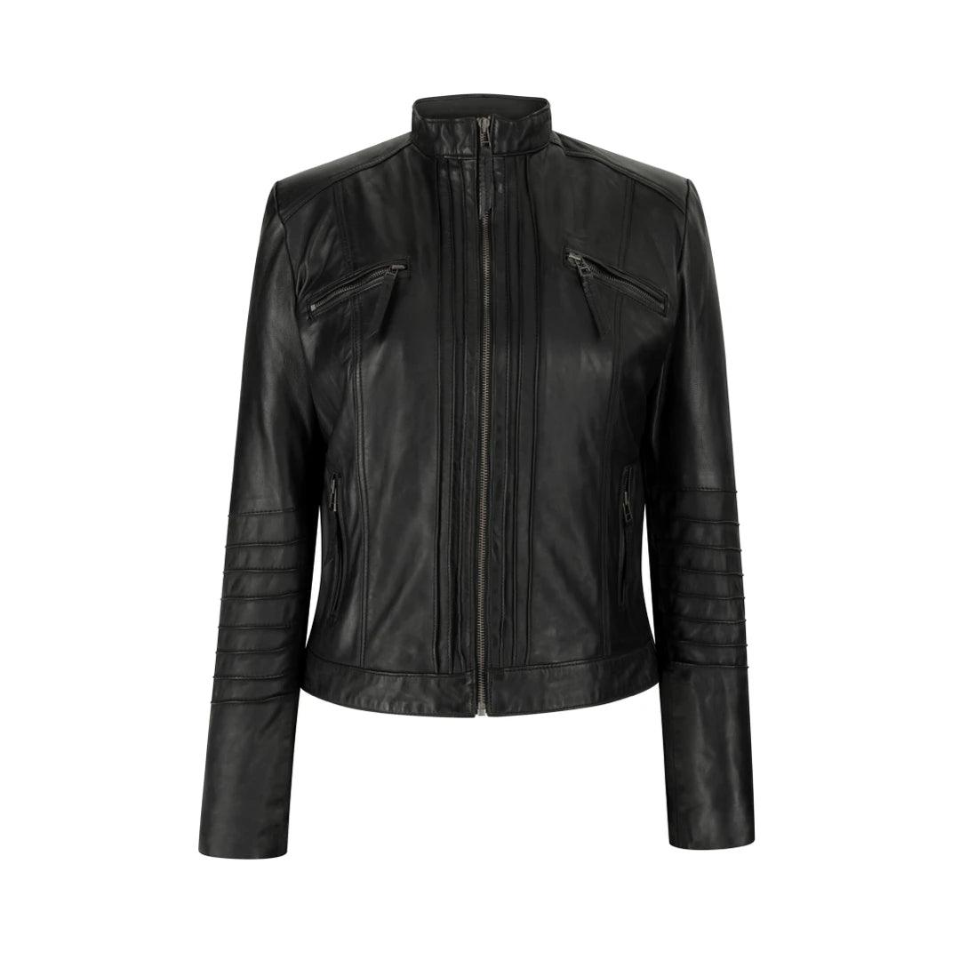 Ladies Biker Jacket Vintage Real Leather Zipped Fit Nehru Collar Japanese Style Iron Safe Non-Iron Wrinkle Free