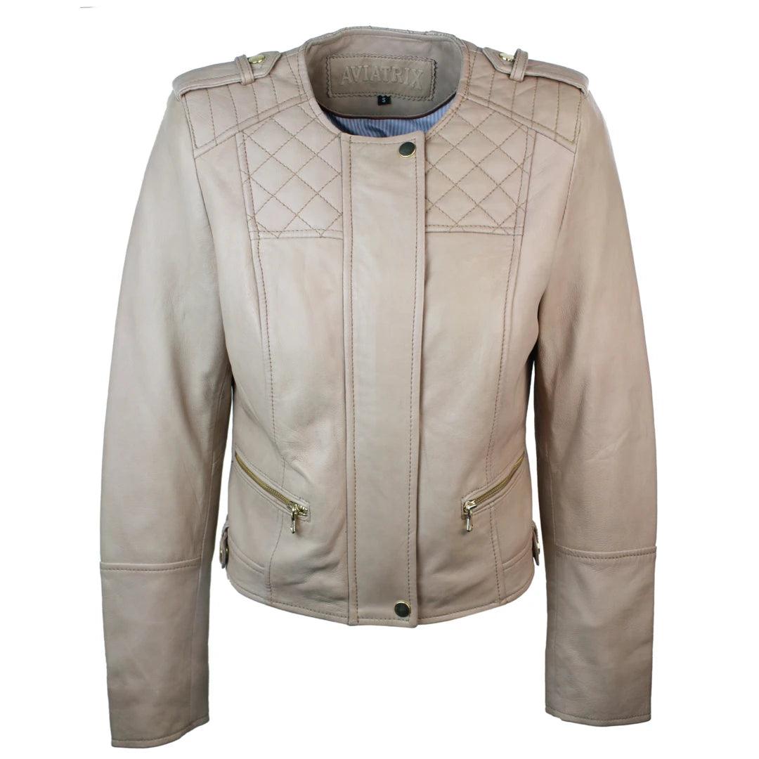 Ladies Cream Biker Style Fitted Real Lambskin Leather Jacket Spandex Blend Rayon Blend Denim Blend