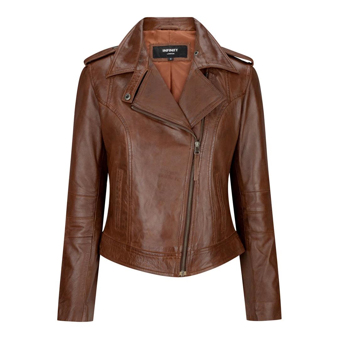 Ladies real Leather Brown Slim Fit Short Retro Leather Jacket Jersey Fabric Tulle Fabric Batik Fabric