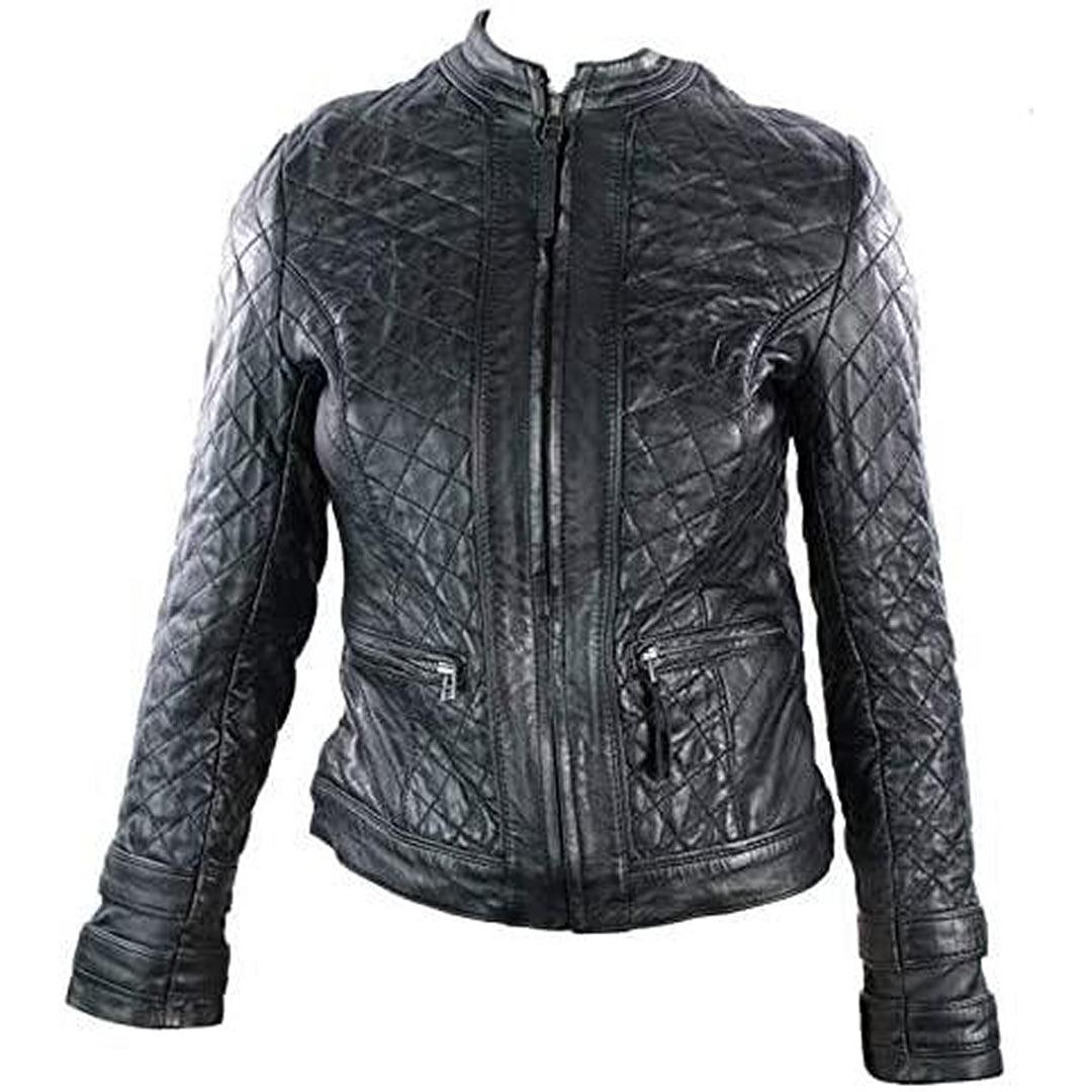 Ladies Real Leather Jacket Short Fitted Barber Style Black Retro Chinese Collar Rayon Fabric Velvet Fabric Corduroy Fabric