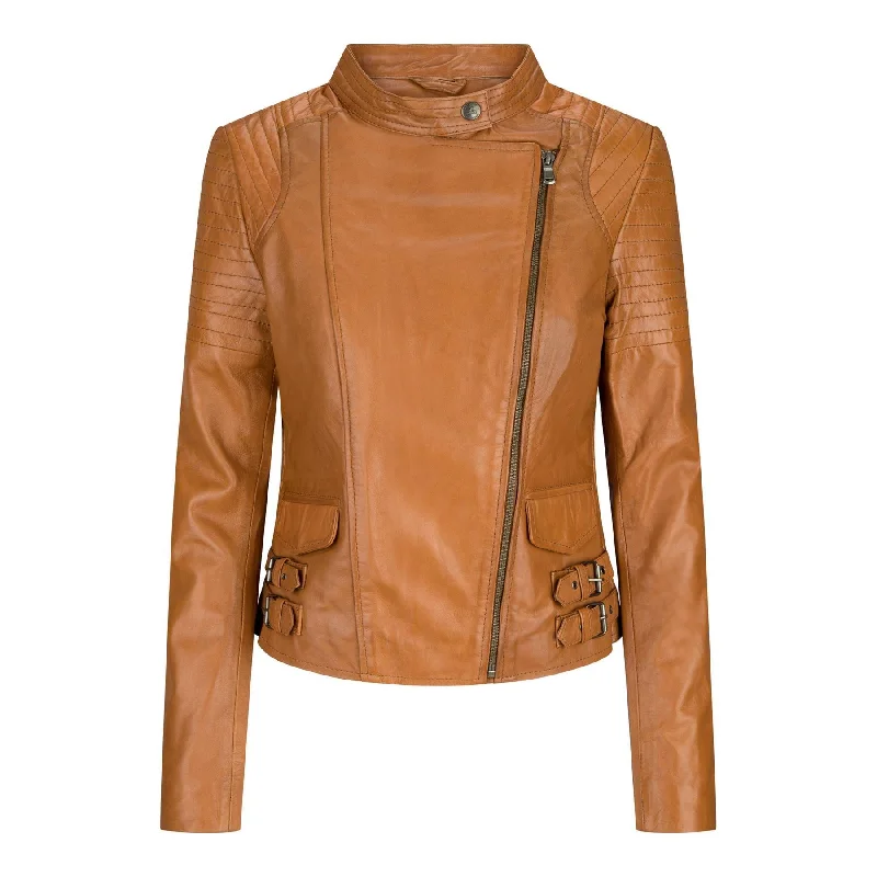 Ladies Real Leather Jacket Short Fitted Bikers Style Vintage Tan Brown Rock Notch Collar Peter Pan Collar Cowl Neck