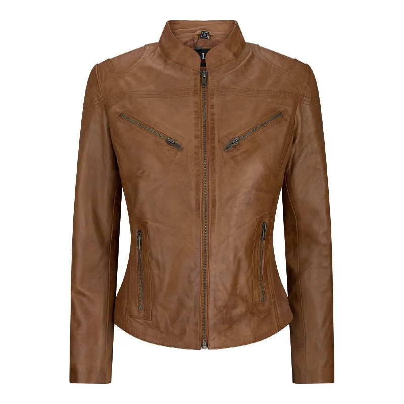 Ladies Real Leather Tan Biker Style Fashion Jacket Size UK 6-20 Iron Safe Non-Iron Wrinkle Free