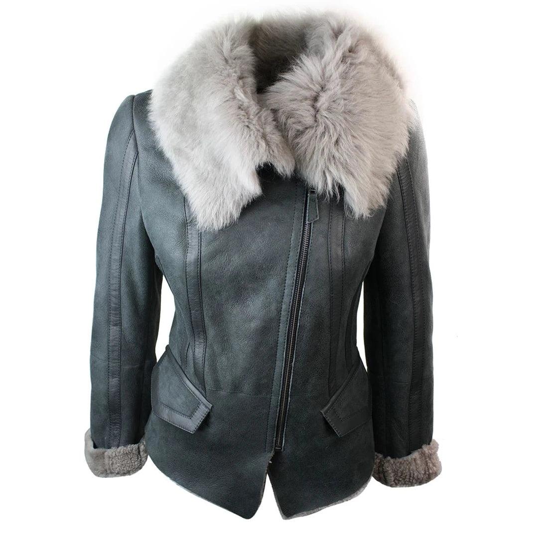 Ladies Women Short Biker Style Real Shearling Sheepskin Aviator Flying Leather Jacket Grey Ribbed T-Shirt High Neck Heavyweight