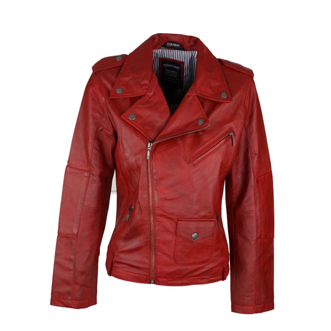 Ladies Women Real Genuine Soft Leather Biker Style Red Jacket Basic T-Shirt Crew Neck Short Sleeve