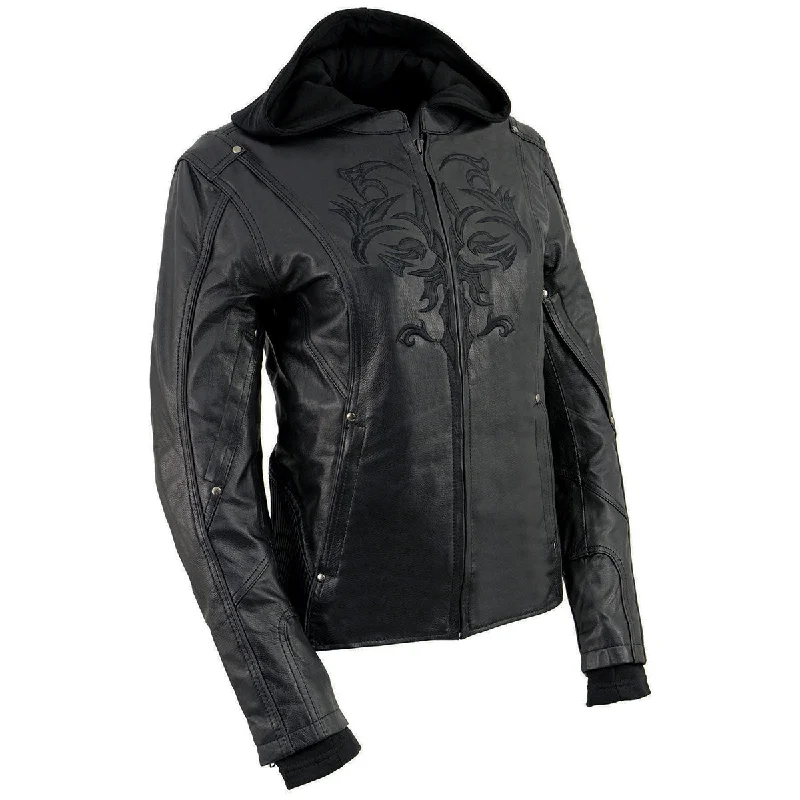 Milwaukee Leather ML2066 Women's 3/4 Black Leather Hoodie Jacket with Modern Contemporary Chic